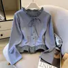 Camisa Base Curta Xadrez com Babados e Laço Falsa Peça Dupla Manga Longa Outono/Inverno 2025 Nova Solta Emagrecedora Top Tendência