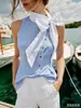 Camiseta sin mangas a rayas con lazo estilo francés para mujer, cuello halter, hombros descubiertos, ceñida a la cintura, adelgazante, elegante, para ir al trabajo, top sin mangas al por mayor
