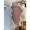 Comercio Exterior Color Sólido Dulce Picante Cintura Plisada Camiseta de Manga Corta para Mujer Verano Estilo Coreano Ajustada Adelgazante Top Base Corto