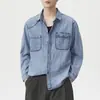 Camisa jeans básica de algodão casual estilo americano para trabalho, jaqueta camisa de trabalho lavada vintage para primavera e outono de 2026