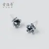 Brincos de Estrela em Prata S925 Feminino Prata Tailandesa Retro Diamante Negro Brincos de Estrela de Cinco Pontas Estilo Étnico Joia de Orelha de Estrela E5167
