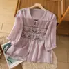 Nova Camisa Artística de Algodão e Linho Bordada Estilo Chinês Retrô Manga Sete Verão Versátil Solta Casual Branca