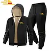 Conjunto de Duas Peças Moletom com Capuz e Zíper Espesso Forrado com Lã de Cordeiro Masculino, Novo Conjunto Esportivo Casual de Outono e Inverno