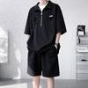Estilo americano meio zíper lar meia manga masculina 2024 verão bolso grande camiseta curta moda conjunto de calças retas