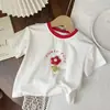 Camiseta de Verão Manga Curta para Meninas 2026 com Estampa de Flor 3D, Fofa e Fashion, Estilo Fresco Color-Block, Top Versátil