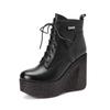 Botas Curtas de Couro Genuíno com Salto Plataforma de 10cm para Mulheres, Sapatos de Salto Alto de Couro Bovino de Primeira Camada, Novas Botas de Cadarço Frontal para Aumentar a Altura Outono e Inverno