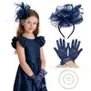 Bestseller transfronterizo guantes de encaje de princesa para niños, tocado de malla con plumas, sombrero para festival de carreras de caballos, set de tocados para fiesta