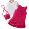 25 Comercio Exterior Transfronterizo Europeo y Americano Primavera y Otoño Nuevo Conjunto de Moda para Niñas Ropa Interior de Manga Larga + Vestido Rosa con Bolso de Hombro