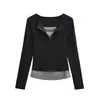 Top Sexy com Design Falso Duas Peças para Garota Popular, Manga Longa com Color-Blocking Único, Ajuste na Cintura, Patchwork Slim-Fit, Estilo Tendência
