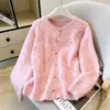 Casaco Suéter Cardigan de Gola Redonda Bordado à Mão Feminino 2026 Outono/Inverno Novo Peça de Roupa Externa Solta Tricô Cardigan Tendência