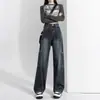 Jeans retrô cinza azul feminino primavera e outono 2024 novo reto cintura alta emagrecimento americano calças largas