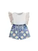 Conjunto de Top de Malla con Lunares y Mangas tipo Mosca para Niñas y Shorts de Mezclilla, Conjunto Casual de Dos Piezas con Estampado de Margarita para Niños en Verano