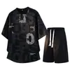 Conjunto de Dos Piezas de Marca Juvenil de Moda con Camiseta de Manga Corta Convertible para Hombre, Atuendo de Moda Casual, Estilo Delgado de Verano, Corte Holgado, Tallas Grandes