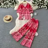 Conjunto Duas Peças Estilo Férias com Estampa Floral Verde para Mulheres, Verão Decote V Calça de Perna Larga Emagrecedora, Conjunto de Roupa de Trabalho Fashion