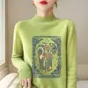 Suéter de punto de alta gama para mujer, modelo nuevo 2025 transfronterizo, estampado de elefante, cuello semialto, otoño e invierno, suéter estiloso holgado en color camel