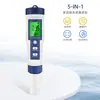 Caneta de teste de qualidade da água 5 em 1 com luz de fundo, instrumento de teste de água para água da torneira e água potável, testador combinado de pH de alta precisão