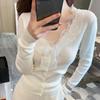 [Time Beauty] Suéter Ponto Rendado Gola V Camisa Base Tricotada Feminina Inverno 2024 Outono Novo