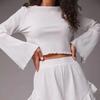 2024 Wildberries Transfronterizo Europeo y Americano Manga Larga Shorts Blanco Tejido Cuello Redondo Volantes Pijama Conjunto de Dos Piezas