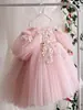 Vestido Princesa Rosa para Meninas com Tule, Estilo Europeu e Americano, para Crianças Pequenas, Doce e Fofo com Flores 3D, Vestido Formal Infantil