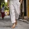 Pantalones de playa casuales de verano para hombre 2025 transfronterizos de Amazon, cintura elástica con cordón, multibolsillos, de algodón y lino