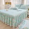 Lençol de Elástico Fresco Pastoral Saia de Cama Duas em Um Peça Única Acolchoada Universal Quatro Estações com Colcha Franzida Conjunto de Três Peças