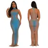 C7619 Moda Europea y Americana Transfronteriza Aliexpress Amazon Vestido Sexy de Malla Transparente con Pedrería Ajustado para Mujer