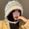 Gorro de Lana a Rayas Estilo Coreano para Mujer Otoño/Invierno Tejido Adelgazante para la Cara Circunferencia de Cabeza Grande Cálido y Versátil Bordado de Perro Pequeño