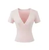 Top de Yoga Fitness com Decote em V Profundo, Linha Dividida, Gola Cruzada, Camiseta Curta de Manga Curta, Modelagem Justa, Cintura Alta