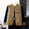 Elegante e estiloso conjunto de outono para mães, jaqueta colete de veludo dourado estilo chinês para meia-idade e idosos, conjunto moderno de três peças