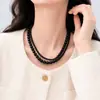 Colar de pérolas de vidro de camada dupla colar de suéter feminino cadeia leve design de luxo sentido nicho outono e inverno colar de suéter