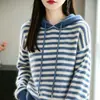 Suéter com capuz listrado em blocos de cor estilo coreano, 100% lã tricotada, para mulheres, soltinho e quente, top pullover versátil para outono e inverno