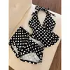 Pijama de Dos Piezas para Mujer Verano, Estampado de Lunares Dulce y Picante, Cuello en V, Cuello Halter, Tirantes, Pantalones Cortos Cómodos, Ropa de Casa Fresca