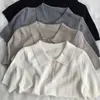 Suéter de Punto con Pequeño Patrón Calado, Cuello Polo, Manga Corta, Top Fino para Mujer, Amigable con la Piel, Blanco
