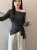 Algodão 100% de alta qualidade, 40 fios, 1x1Roupas femininas plus size 2026 novo estilo outono camiseta listrada de manga longa com cintura ajustável irregular