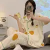 Pijama Floral Morado Estilo Ins para Mujer, Ropa de Casa de Verano de Manga Corta y Pantalón Largo, Conjunto de Cárdigan para Habitación con Aire Acondicionado de Primavera y Otoño, Estilo Delgado