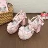 Zapatos Lolita, zapatos Mary Jane de tacón alto con lazos blancos, estilizan y son versátiles para fiestas de té de primavera