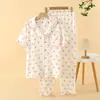 Atacado Dropshipping Gola Estampa de Morango Manga Curta Calça Longa Algodão Puro Crepe Pijama Feminino Confortável Pode Ser Usado Fora Pijama