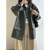 Jaqueta de Trabalho Beishan Tongshu com Gola Color Block para Mulheres, Lavada Vintage com Bolsos Grandes, Jaqueta Casual Solta H27142