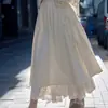 Saia de Cintura Alta com Acabamento Duplo de Renda Feminina Nova Coleção Primavera e Verão Design Moderno Saia Evasê Comprimento Médio Saia Longa Elegante