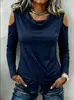 2026 Otoño Nuevo Transfronterizo Estilo Europeo y Americano Cuello Alto Hombro Descubierto Manga Larga con Dobladillo Cruzado Ajustado Camiseta para Mujer