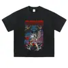 Primavera/Verão 2025 Estampa de Anime Vintage Americano Desgastado Gola Redonda Pulôver Manga Curta Camiseta Oversized Marca Tendência Manga Curta