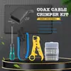 Kit de Crimpadora Coaxial Ajustable de Siete Pisos con Pelacables y Conectores F, Herramienta de Compresión Multiespecificación para RG59/RG58/RG6/RG11 y 75-5/75-7, Cabezales F de Longitud Métrica y en Pulgadas, Juego de Terminación para CCTV/Satélite