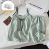 Conjunto de Camisola de Algodão Nuvem de Verão com Estampa Xadrez Verde Menta Fresco e Fofo, Alças Ajustáveis e Bojos, Atacado Transfronteiriço