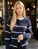 Nuevo cárdigan de punto a rayas de bloques de color estilo europeo y americano transfronterizo para otoño e invierno para mujer, de un solo pecho, cuello redondo, suéter abrigo de corte holgado