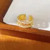 Anillo abierto de flor de doble capa con incrustaciones de circonita chapado en oro real de 14K, sensación de nicho de alta gama, joyería personalizada de lujo ligero