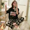 Pijama Feminina de Verão Manga Curta Calças Xadrez 2025 Desenho Animado Novo Estilo Pode Ser Usada Fora Ins Conjunto de Roupa de Casa Estudante