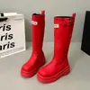 Botas de caña alta de cuero rojo con suela gruesa 2026 Nuevo estilo Moda Versátiles Hasta la rodilla Botas de viaje Botas de montar