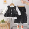 Conjunto Elegante de Três Peças Bordado com Laço e Manga Longa para Meninas - Nova Moda Primavera e Outono para Crianças Pequenas