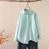 Colección Otoño 2026: Camisa de mujer estilo japonés de tela Oxford a rayas con bolsillos, cuello de punta, manga larga, estilo cárdigan