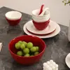 Conjunto de Pratos com Pontos de Contas em Relevo Pratos e Louças de Cerâmica Vermelha Atacado Tigelas de Arroz Domésticas Tigelas de Sopa Pratos e Louças de Alto Valor